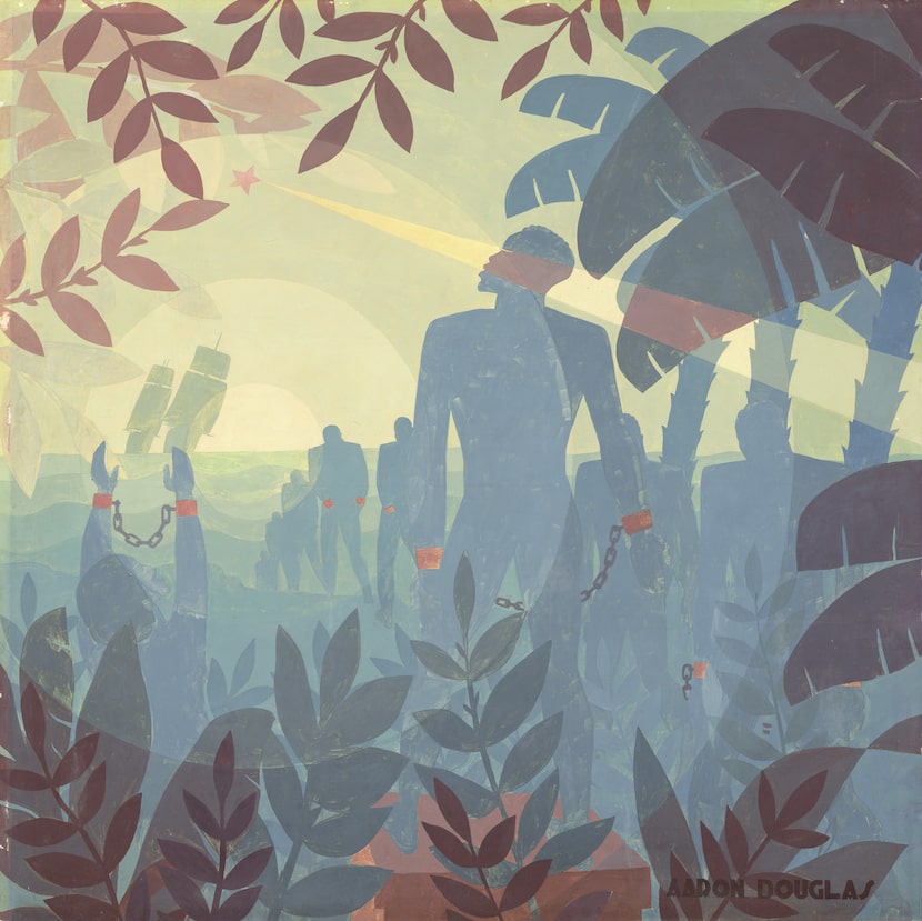 Harlem Renaissance painter Aaron Douglas’ 1936 canvas "Into Bondage" features a series of...