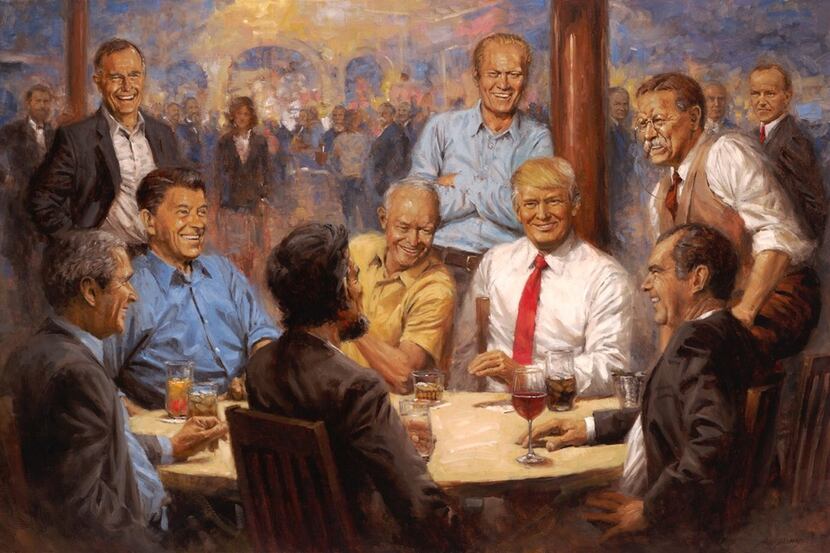 In an image provided by Andy Thomas, a painting shows President Donald Trump sitting among...