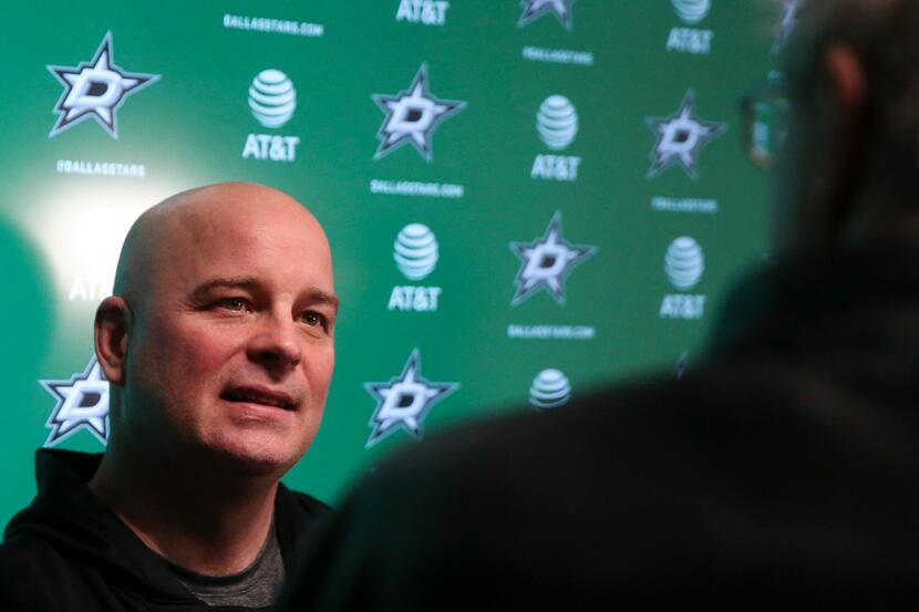 Dallas Stars Jim Montgomery gives remarks to the media following practice at Comerica Center...