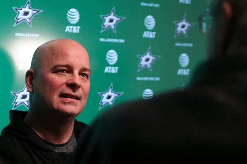 FILE - Dallas Stars Jim Montgomery gives remarks to the media following practice at Comerica...
