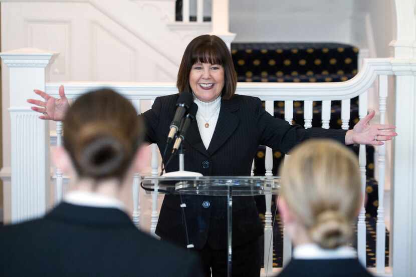 Karen Pence speaks to female members of the military during a reception in recognition of...