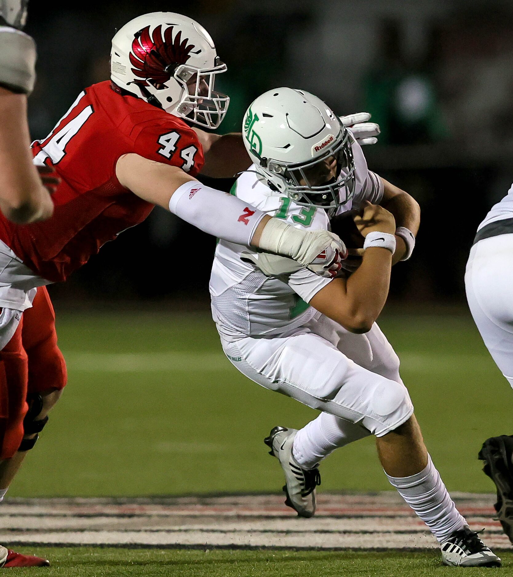 Argyle defensive lineman Riley Van Poppel (44) stops Lake Dallas quarterback Cade Bortnem...