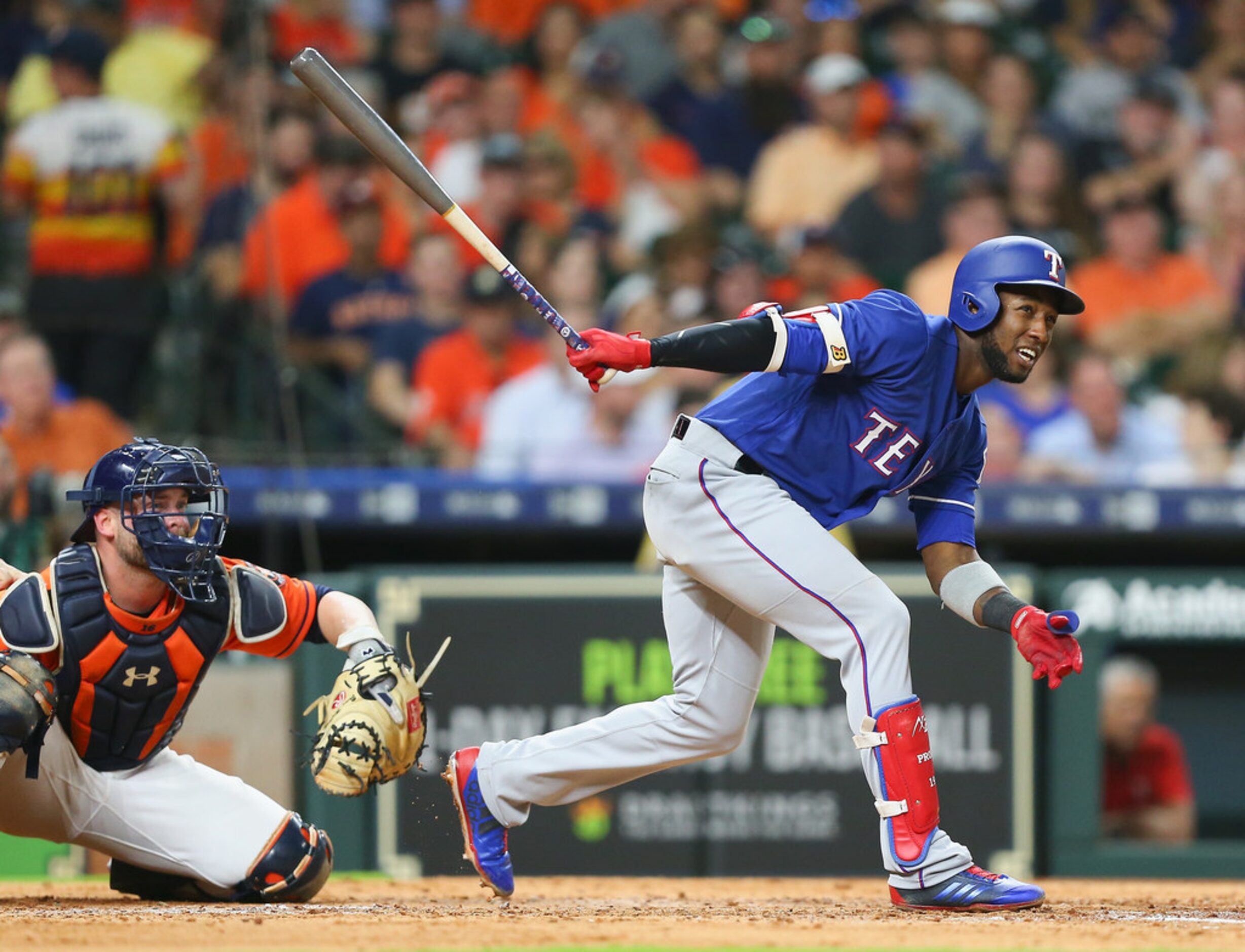 HOUSTON, TX - MAY 11:  Jurickson Profar #19 of the Texas Rangers doubles in the fifth inning...