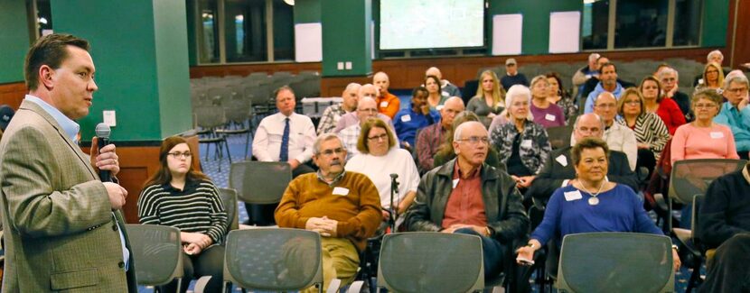 
Shepherd, a principal of Verdunity, speaks during a public input meeting held by the Open...