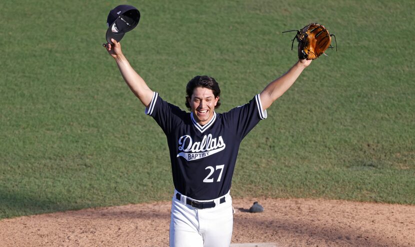 Dallas Baptist pitcher Dominic Hamel (27) celebrates the team’s 8-5 win over Oregon St....