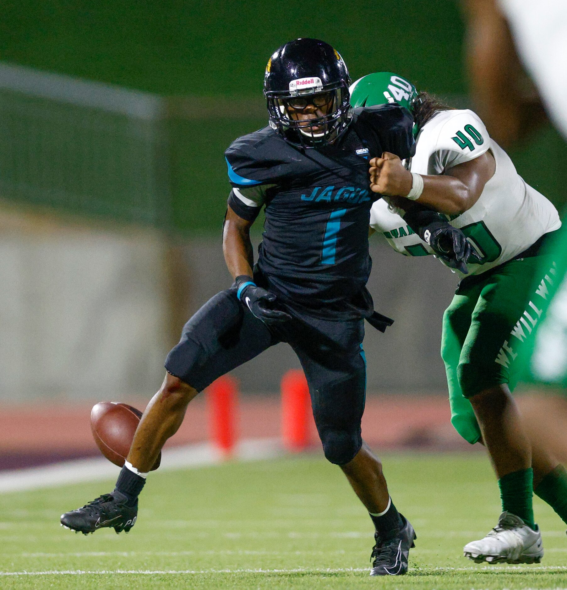 Bryan Adams defensive end Andrew Castillo (40) forces a fumble from Molina running back...