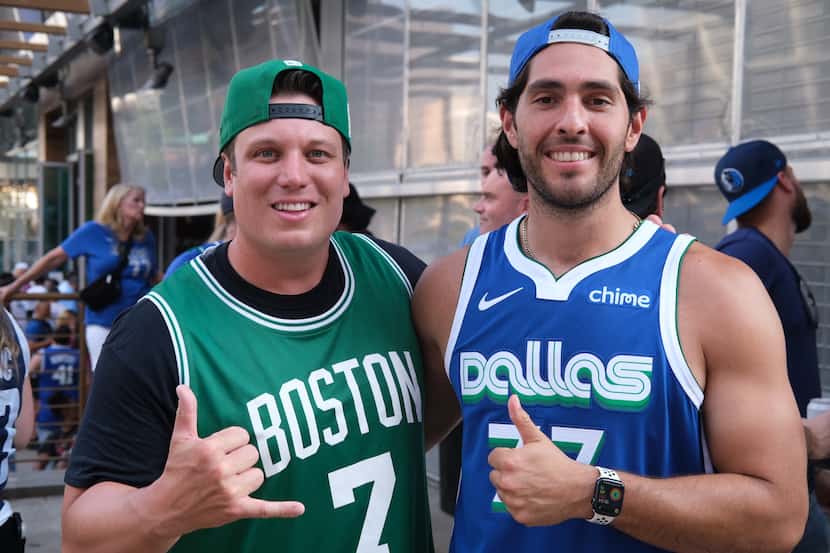 James Hay, 33, (left) and Conner Diaz, 30, pose for a photo before NBA Finals Game 3 at...