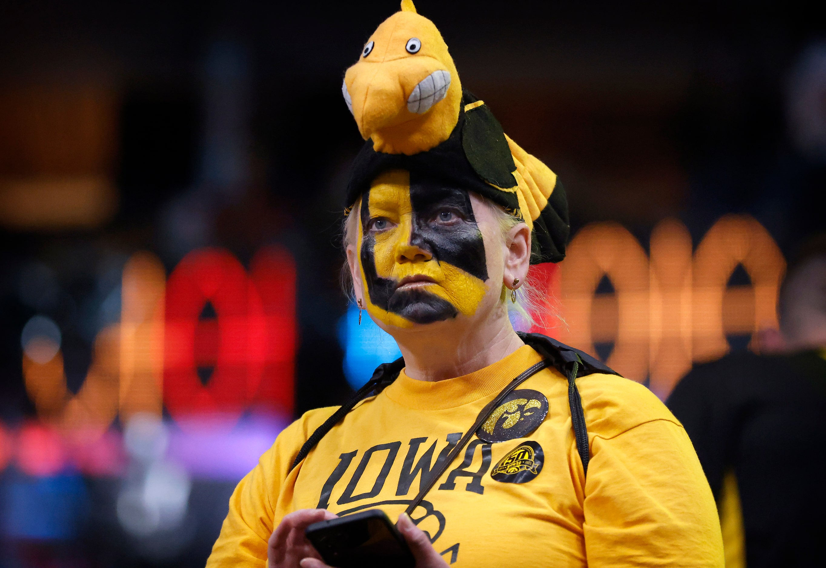 An Iowa fan came dressed to the NCAA Women’s Basketball Championship as a Hawkeye at the...