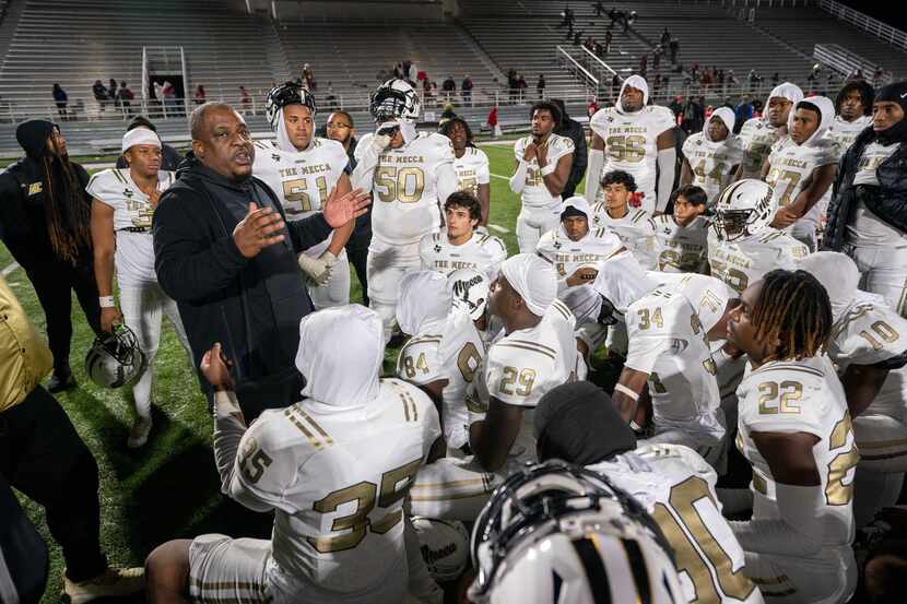 South Oak Cliff head coach Jason Todd speaks to his team after their 38-10 victory over...