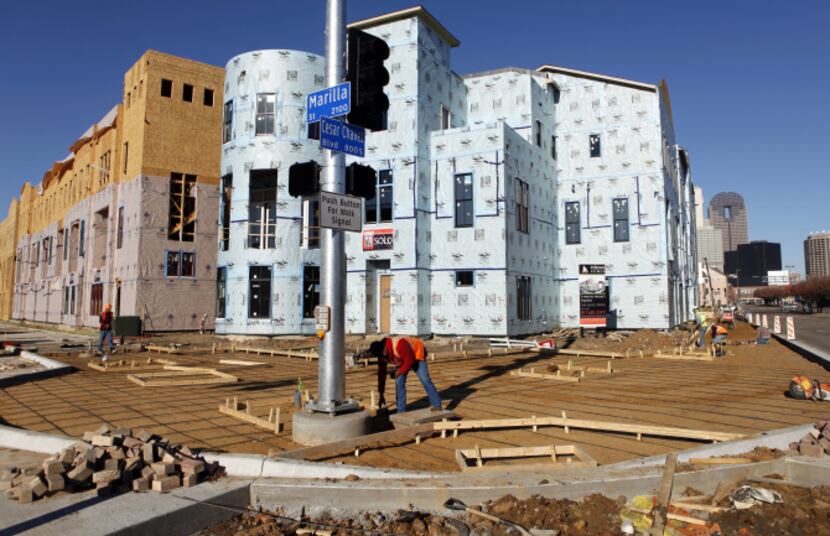 Townhomes take shape at Marilla Street and Cesar Chavez Boulevard near the heart of downtown...