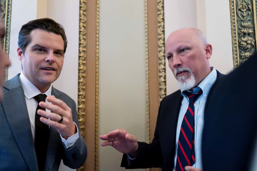 Rep. Matt Gaetz, R-Fla., left, and Rep. Chip Roy, R-Texas, members of the conservative House...