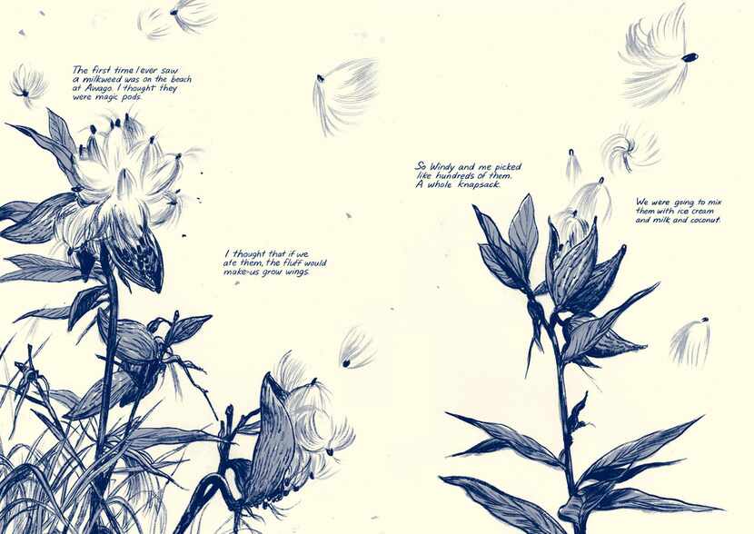 Two facing pages from This One Summer, by Mariko Tamaki and Jillian Tamaki, published by...