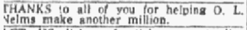 One of the ads listed by Nelms in The Dallas Morning News in Aug. 1960 stating "Thanks to...