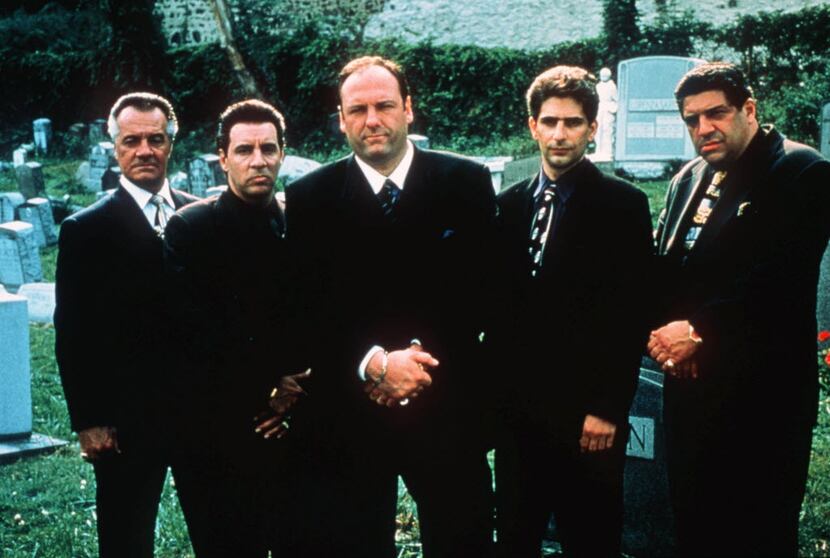 Some members of the cast of The Sopranos, in a calm before a storm, from left to right: Tony...