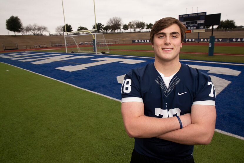 Fort Worth All Saints offensive lineman Tommy Brockermeyer poses for a portrait on Jan. 30,...