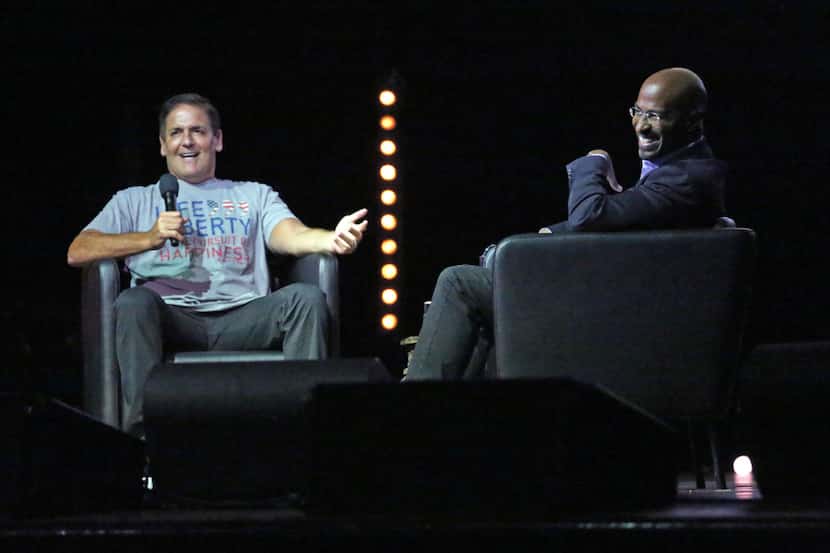 Mark Cuban and Van Jones talk during the We Rise Tour to fight hatred and racism, in a...