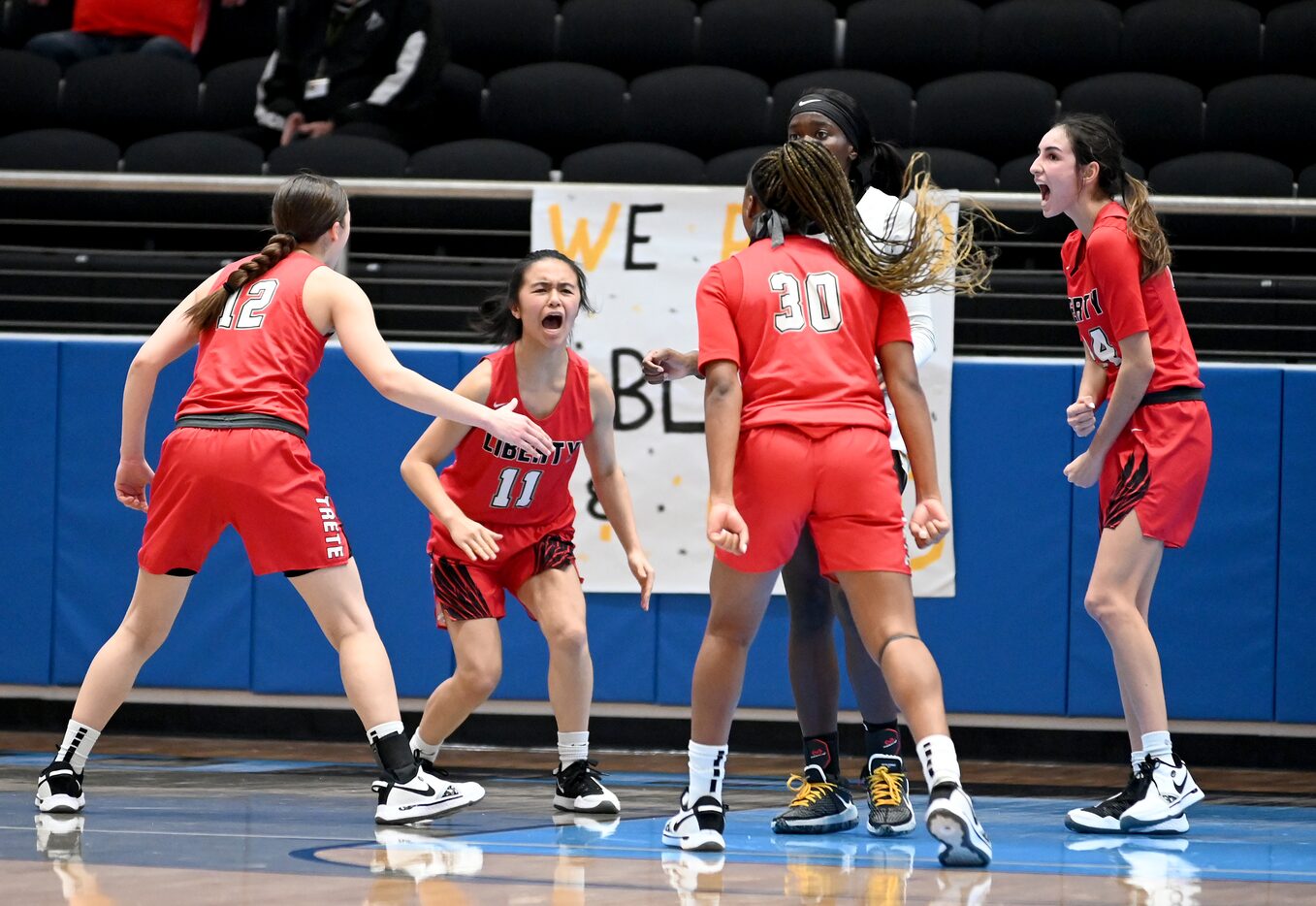 From left, Liberty’s Ashley Anderson, Kamen Wong, Liberty’s Jazzy Owens-Barnett, and Maya...