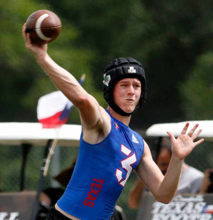 Southlake Carroll quarterback Quinn Ewers (3) releases a pass during second half action...