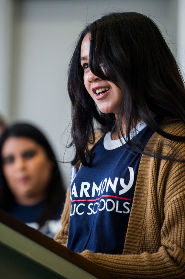 Harmony charter school graduate Paige Laserna speaks as parents of children enrolled in...