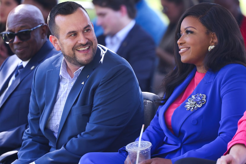 Deputy Mayor Pro Tem Adam Bazaldua (left) reacts towards towards Rep. Jasmine Crockett,...