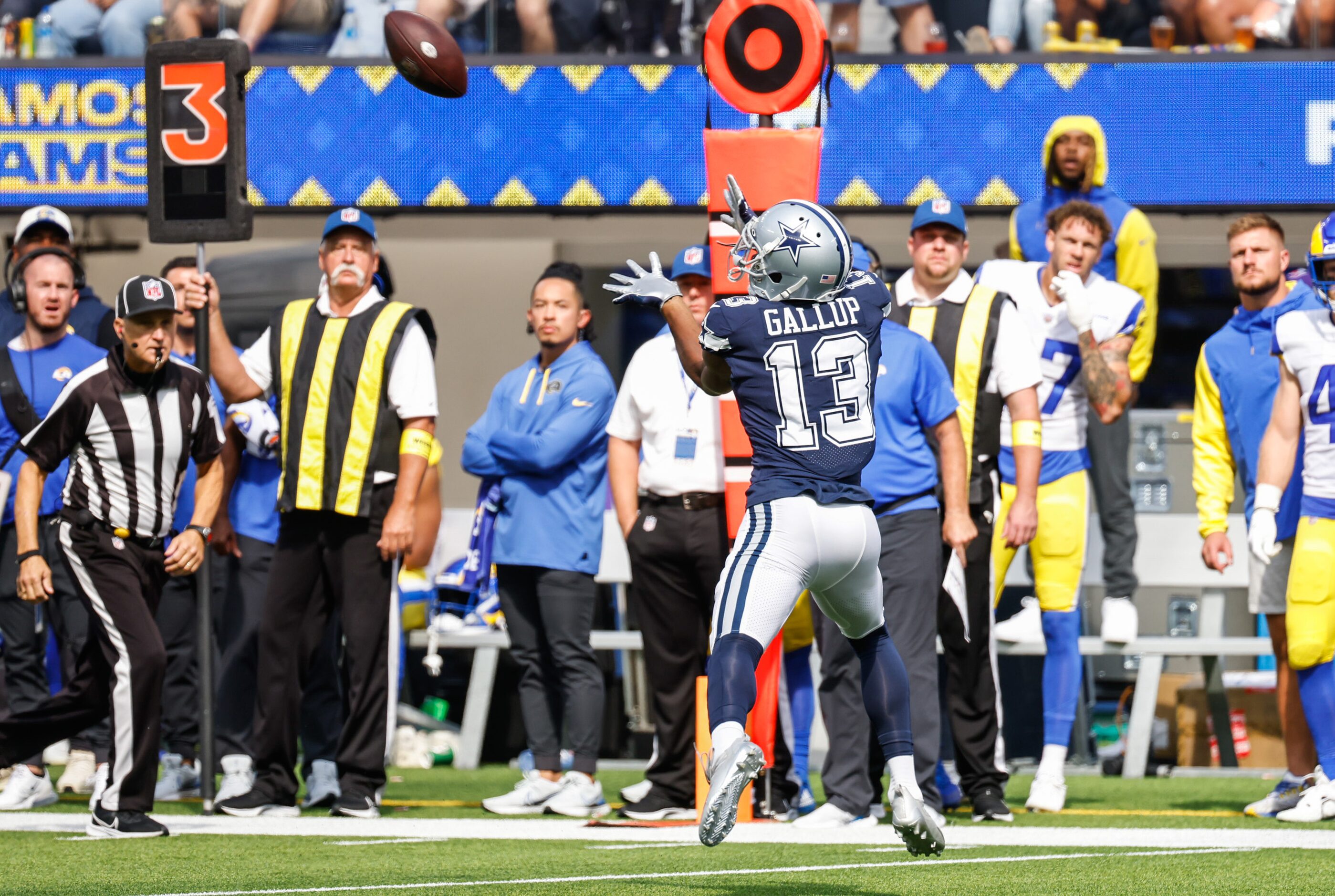 Dallas Cowboys wide receiver Michael Gallup (13) reaches for a pass during the second...