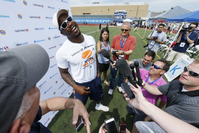 Denver Broncos linebacker Von Miller jokes with reporters, as the Super Bowl 50 MVP hosts a...
