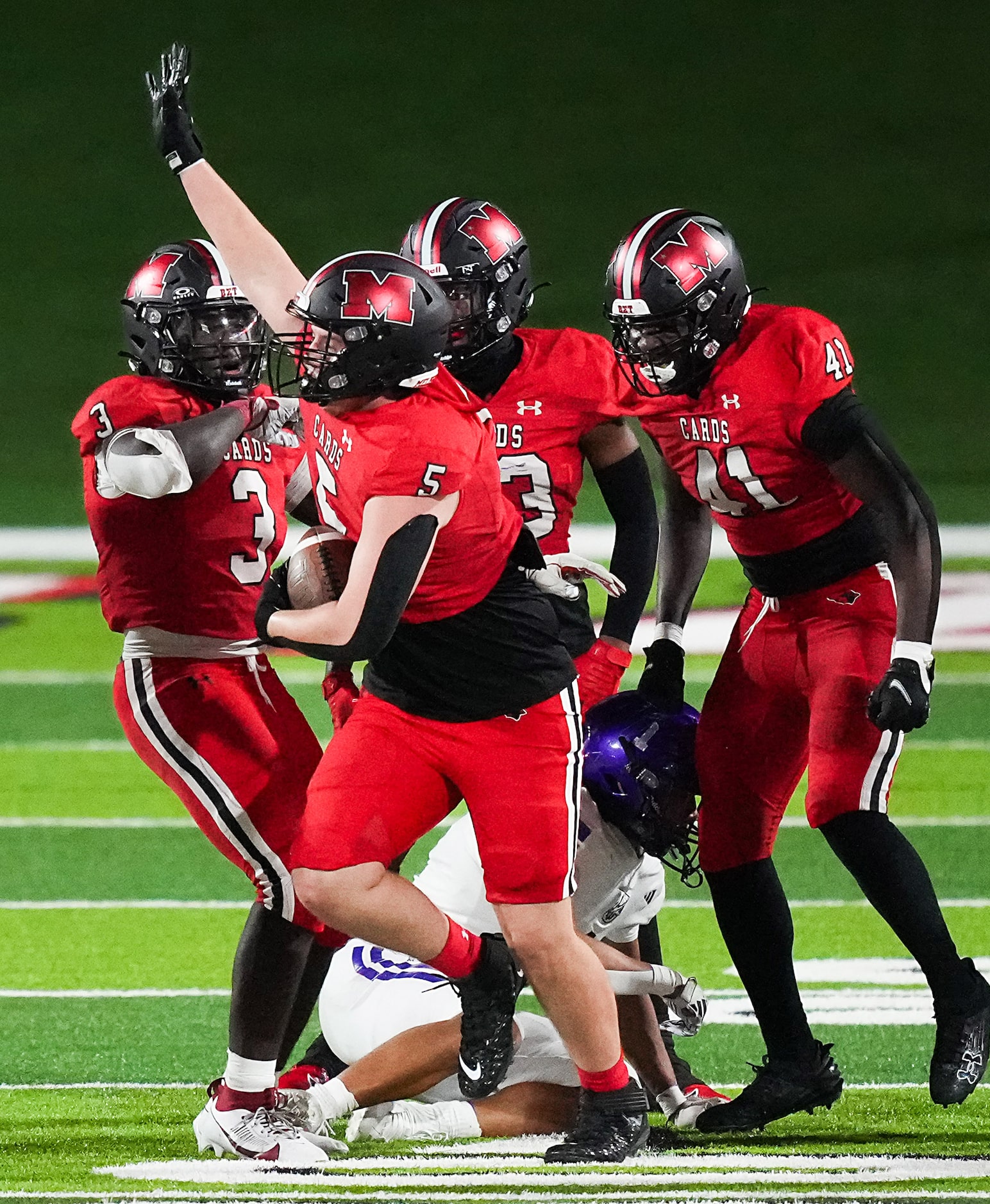 Melissa defensive lineman Jacob Wasserman (5) celebrates after intercepting a pass during...