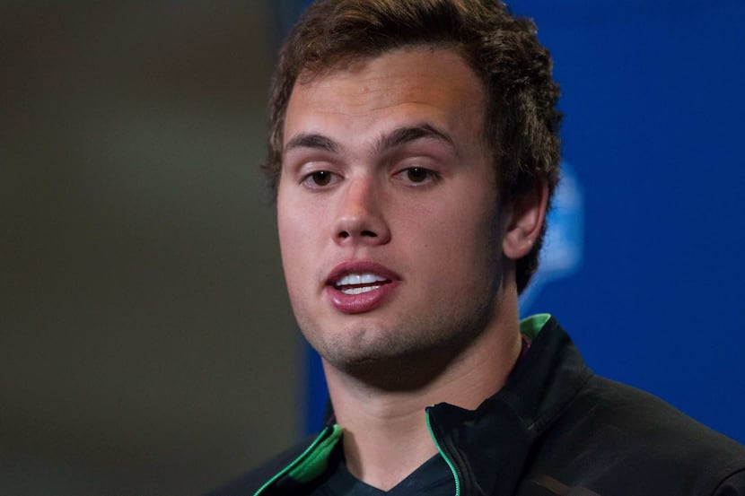  Arkansas tight end Hunter Henry speaks to the media during the 2016 NFL Scouting Combine at...