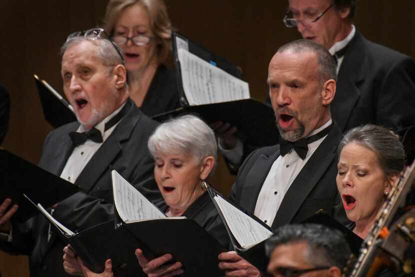 Members of the Arts District Chorale perform at the Dallas City Performance Hall on March 7,...