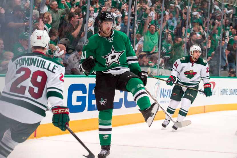 Apr 14, 2016; Dallas, TX, USA; Dallas Stars center Jason Spezza (90) celebrates a goal...