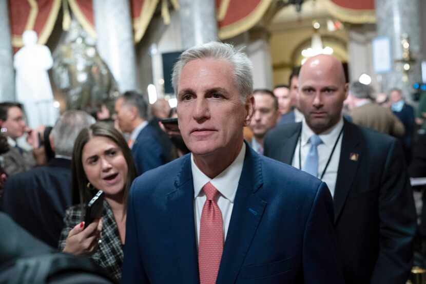 Speaker of the House Kevin McCarthy, R-Calif., leaves the House Chamber after President Joe...