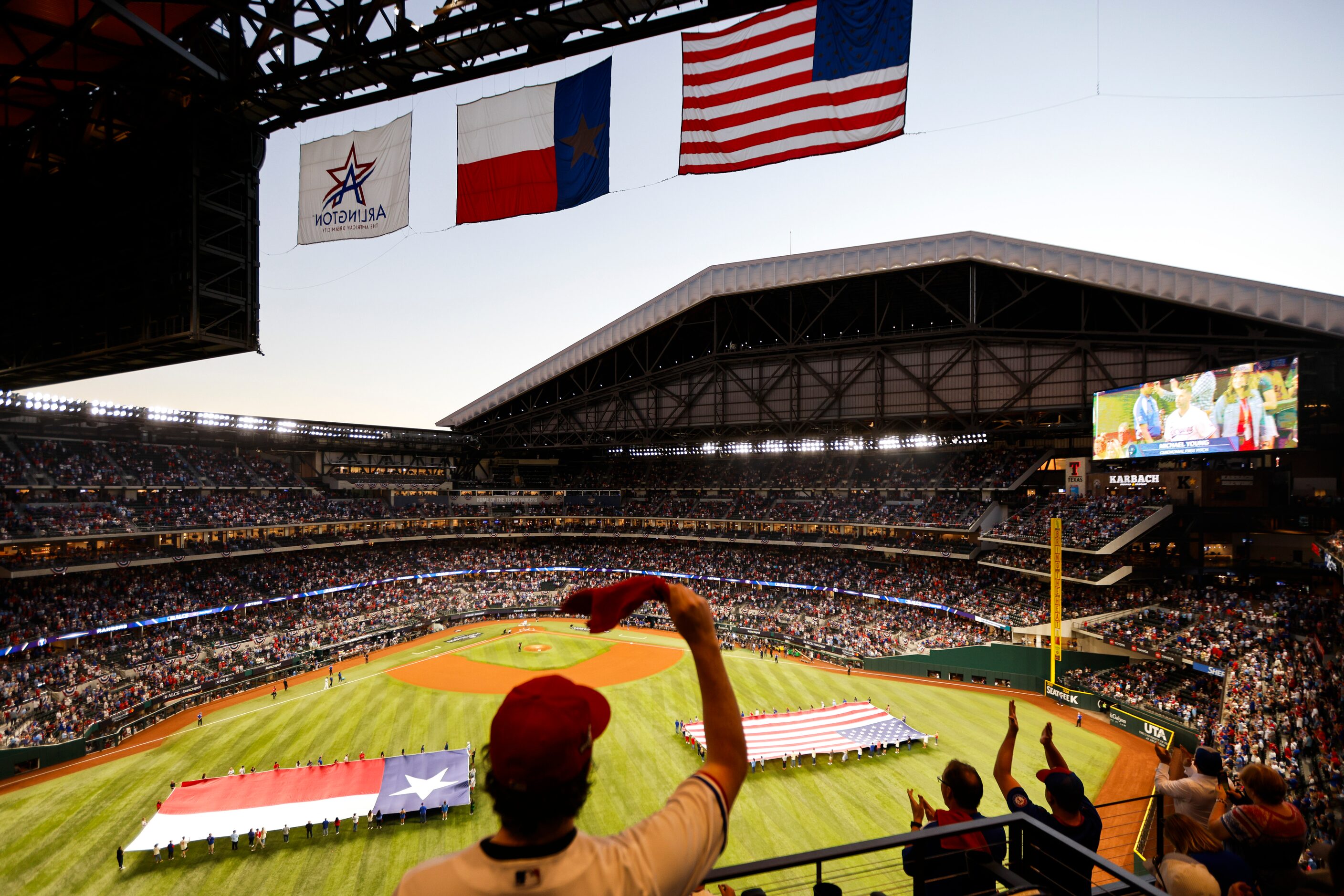 Fans cheer ahead of Game 4 of the American League Championship Series between Texas Rangers...