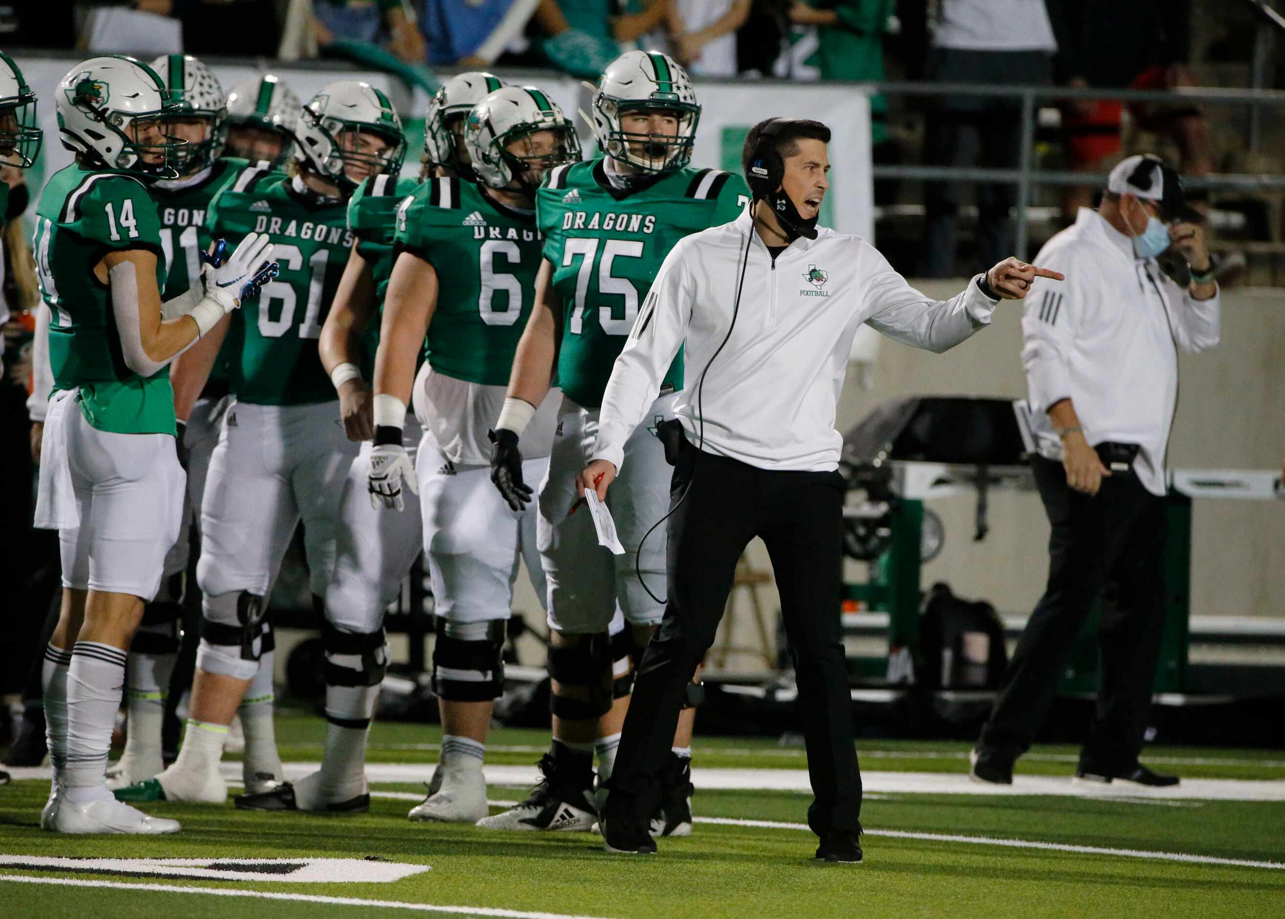 Southlake head coach Riley Dodge makes a point to the referees as they played Eaton, during...