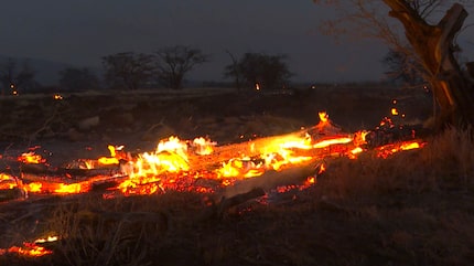 Flames from a wildfire burn in Kihei, Hawaii Wednesday, Aug. 9, 2023. Thousands of residents...