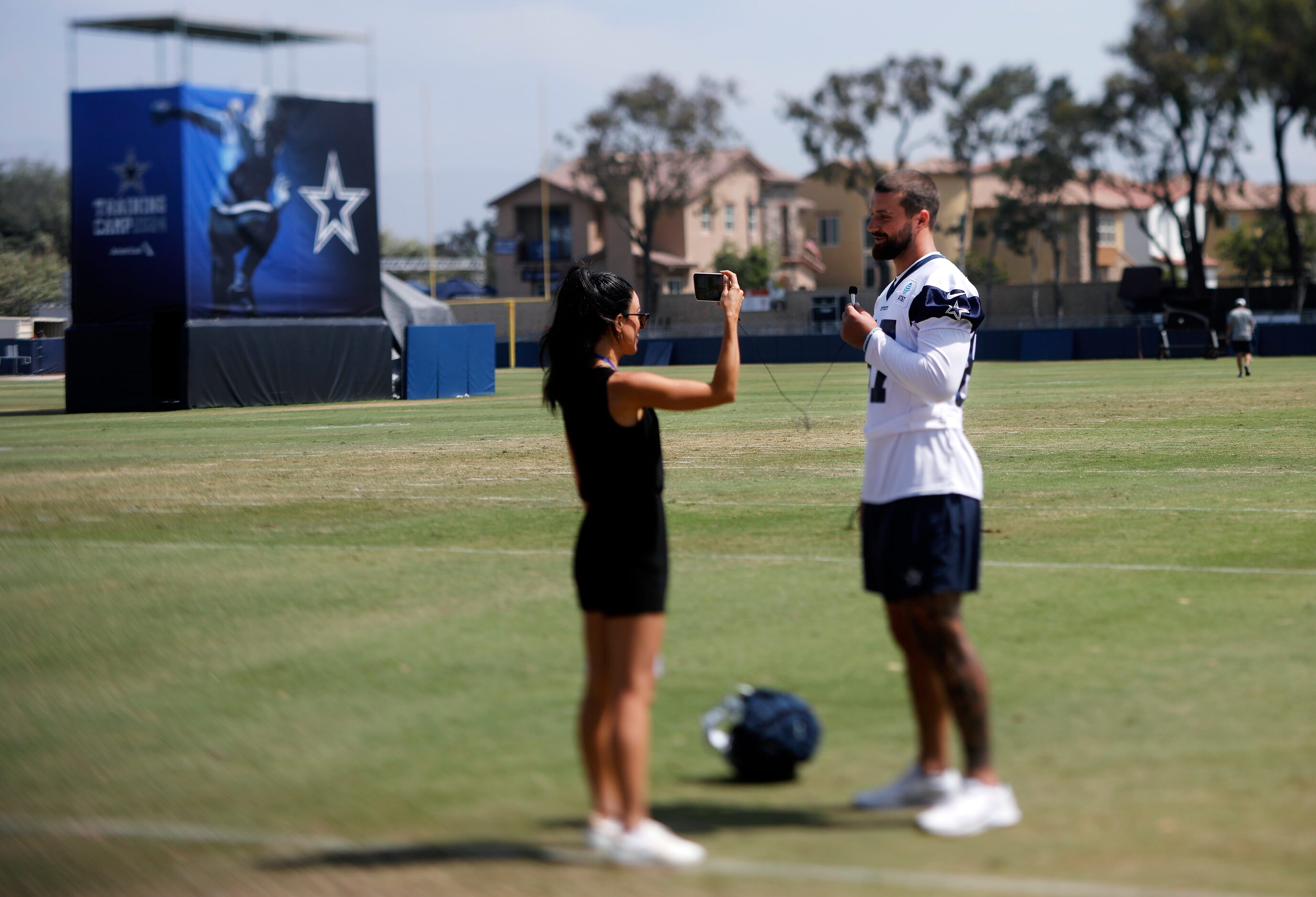 SI.com reporter Bri Amaranthus interviews Dallas Cowboys tight end Jake Ferguson following a...