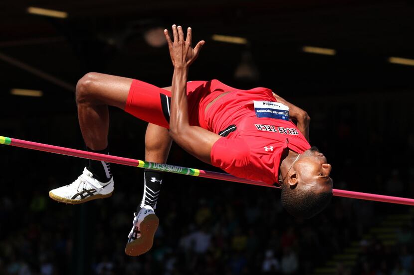 Texas Tech's Jacorian Duffield clears the bar en route to winning the high jump event during...