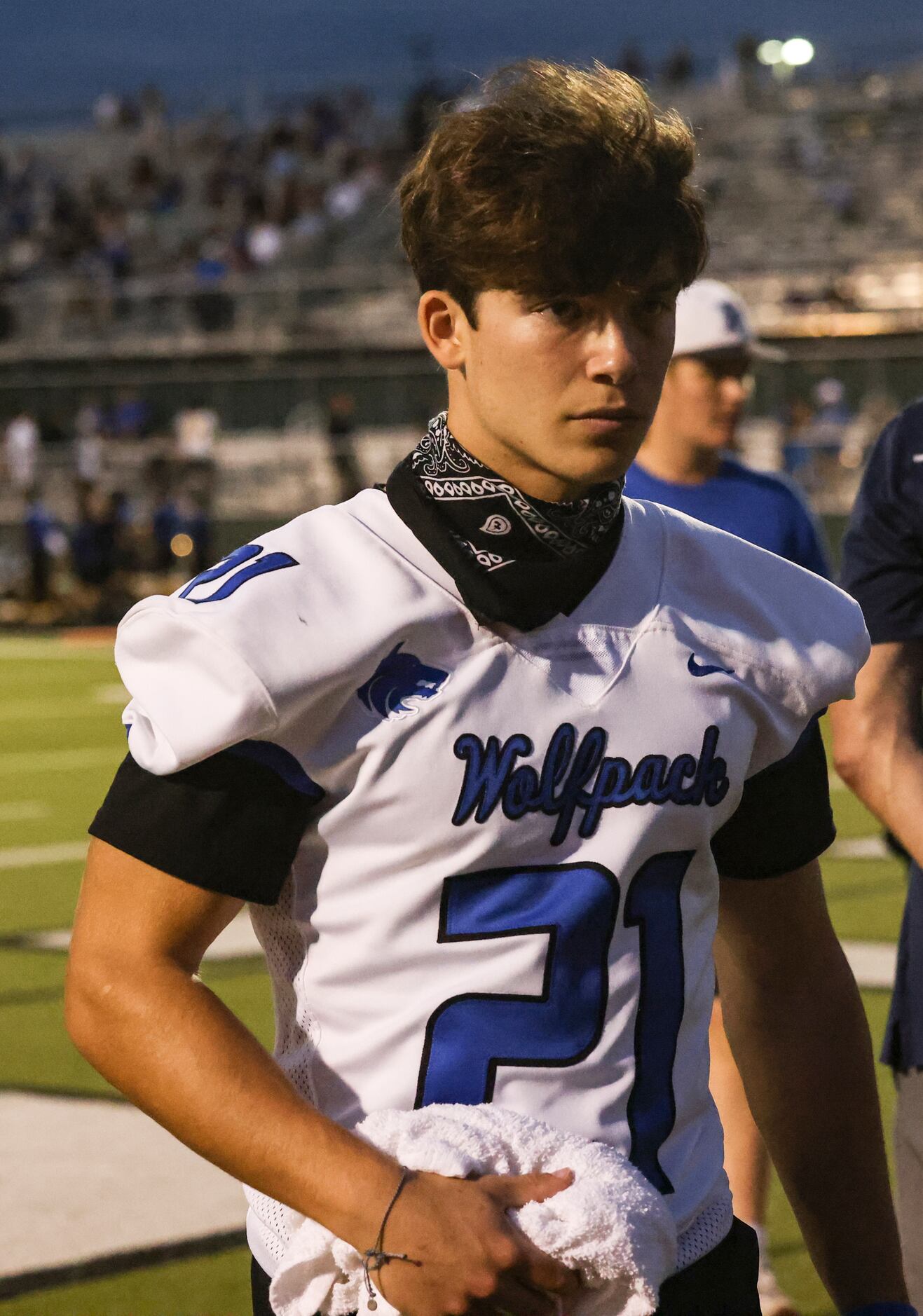 Plano West Senior High Dermot White (21) walks off the field after the first half of the...