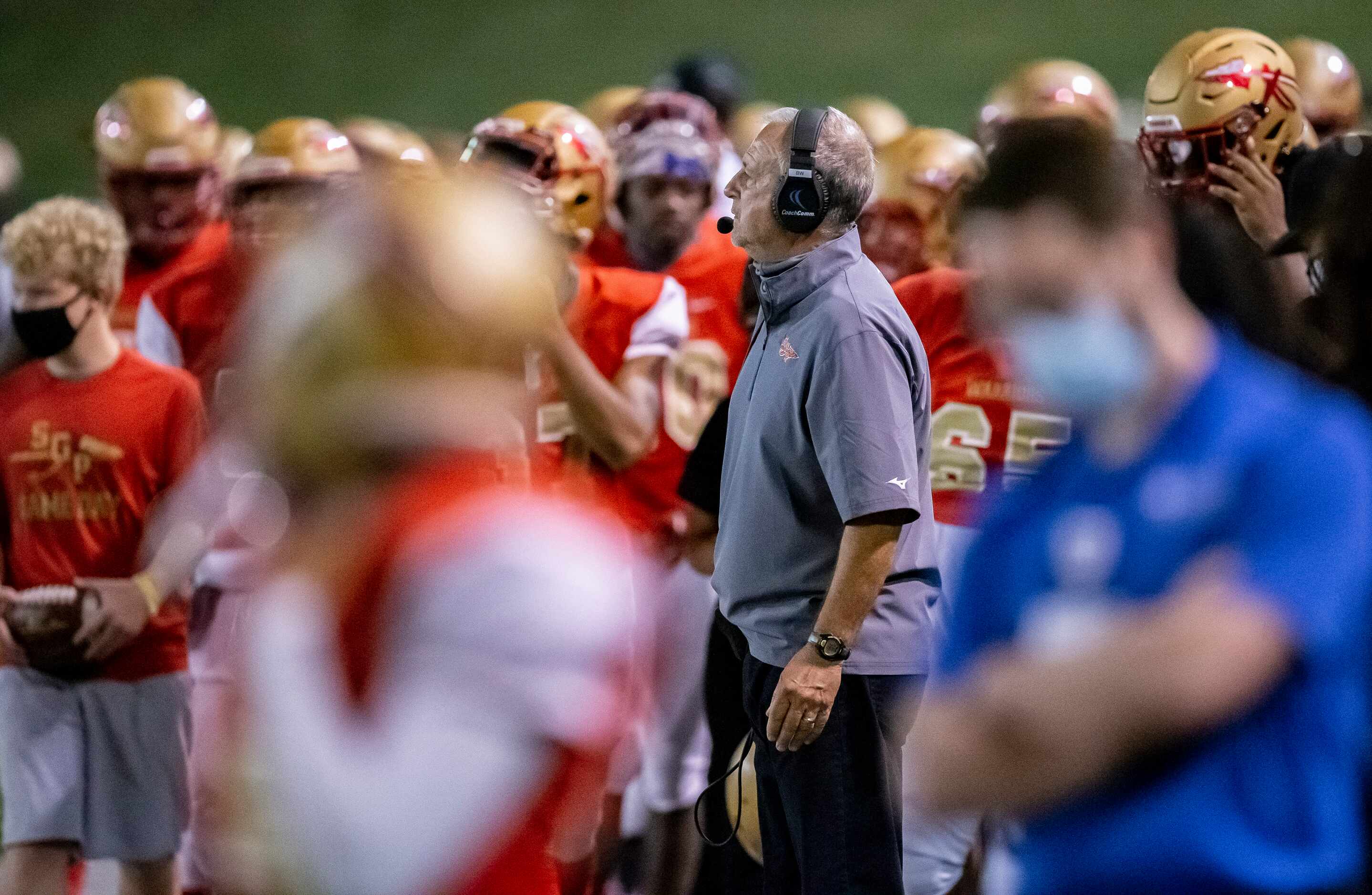 South Grand Prairie head coach Brent Whitson looks on from the sidelines, during the first...
