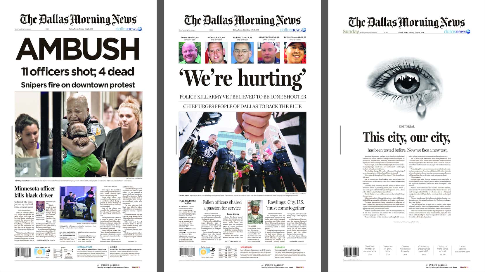 Front pages of The Dallas Morning News following the 2016 ambush of Dallas officers. 