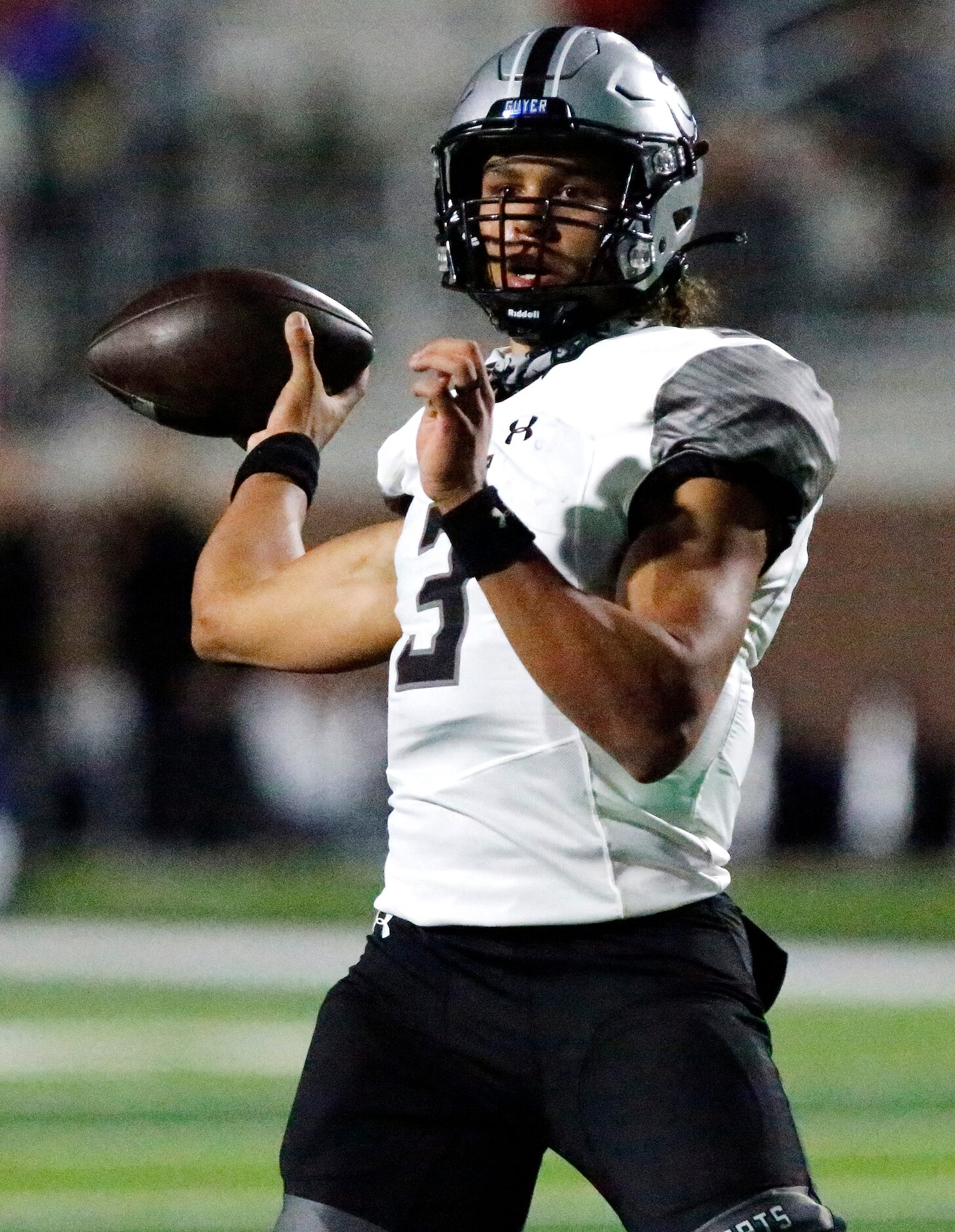 Denton Guyer High School quarterback Eli Stowers (3) throws a pass tduring the first half as...