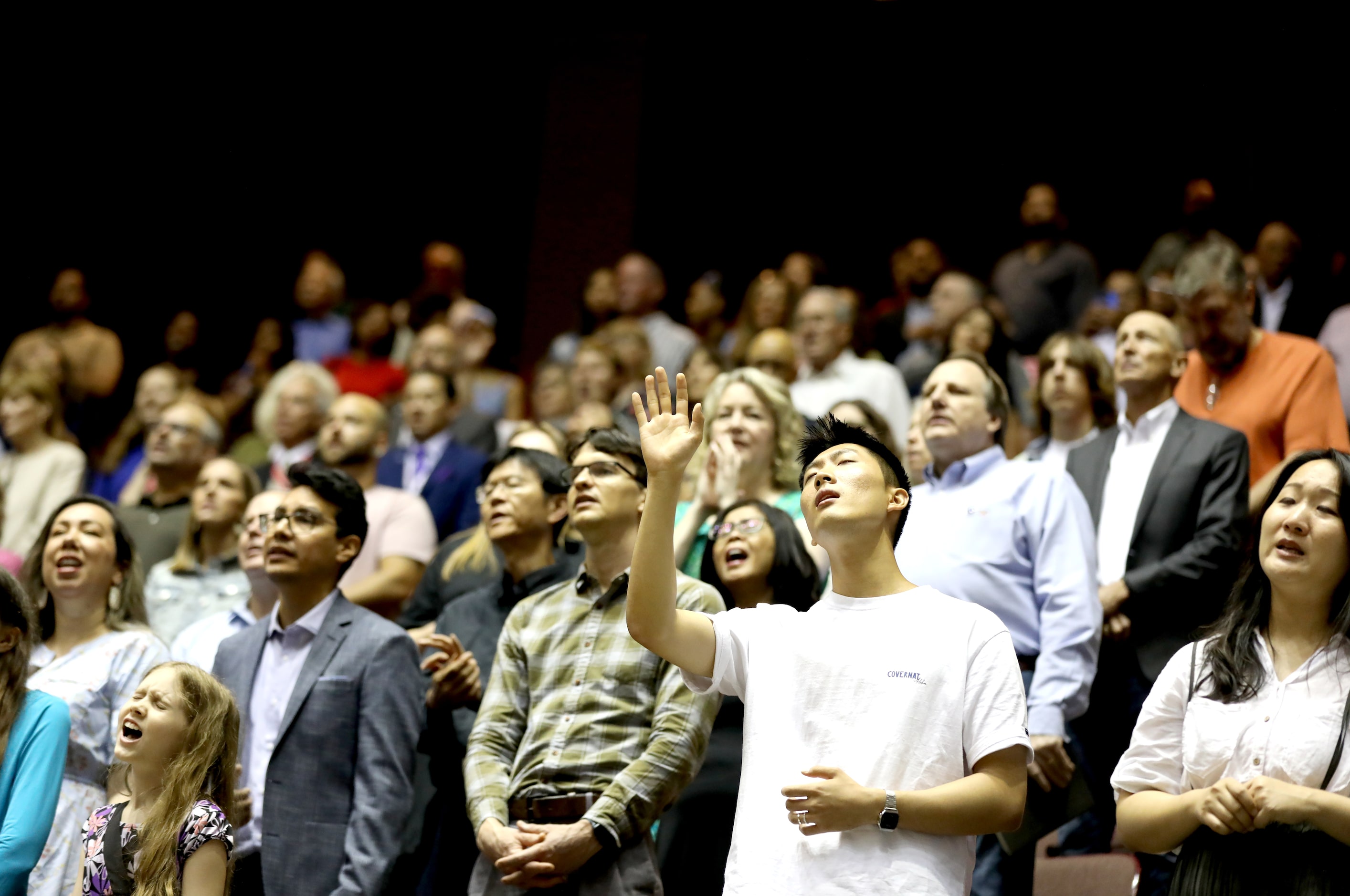 First Baptist Church members participate in Sunday service held at the Dallas Convention...