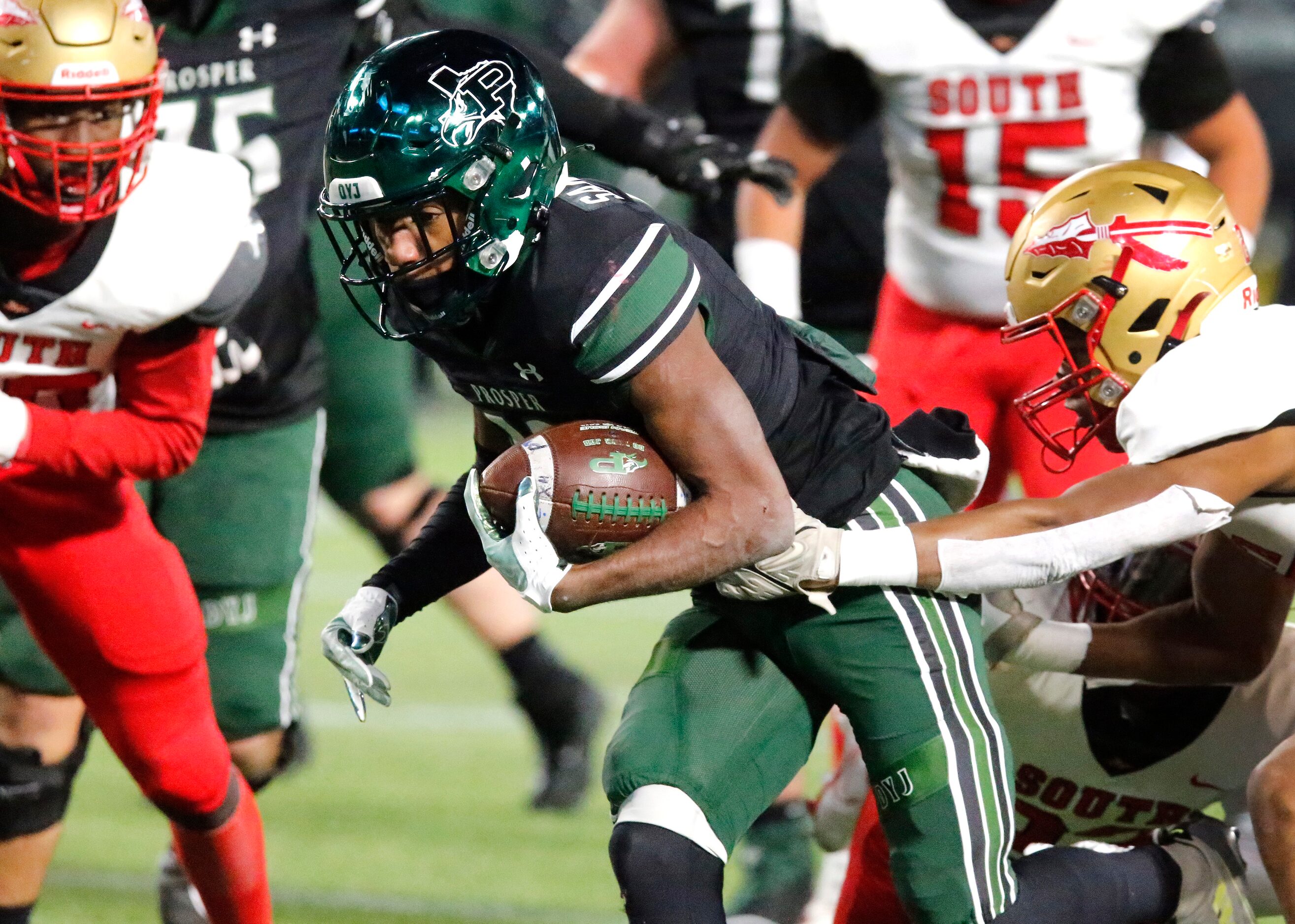 Prosper High School running back Prentis Sanders (13) finds the end zone on this run during...