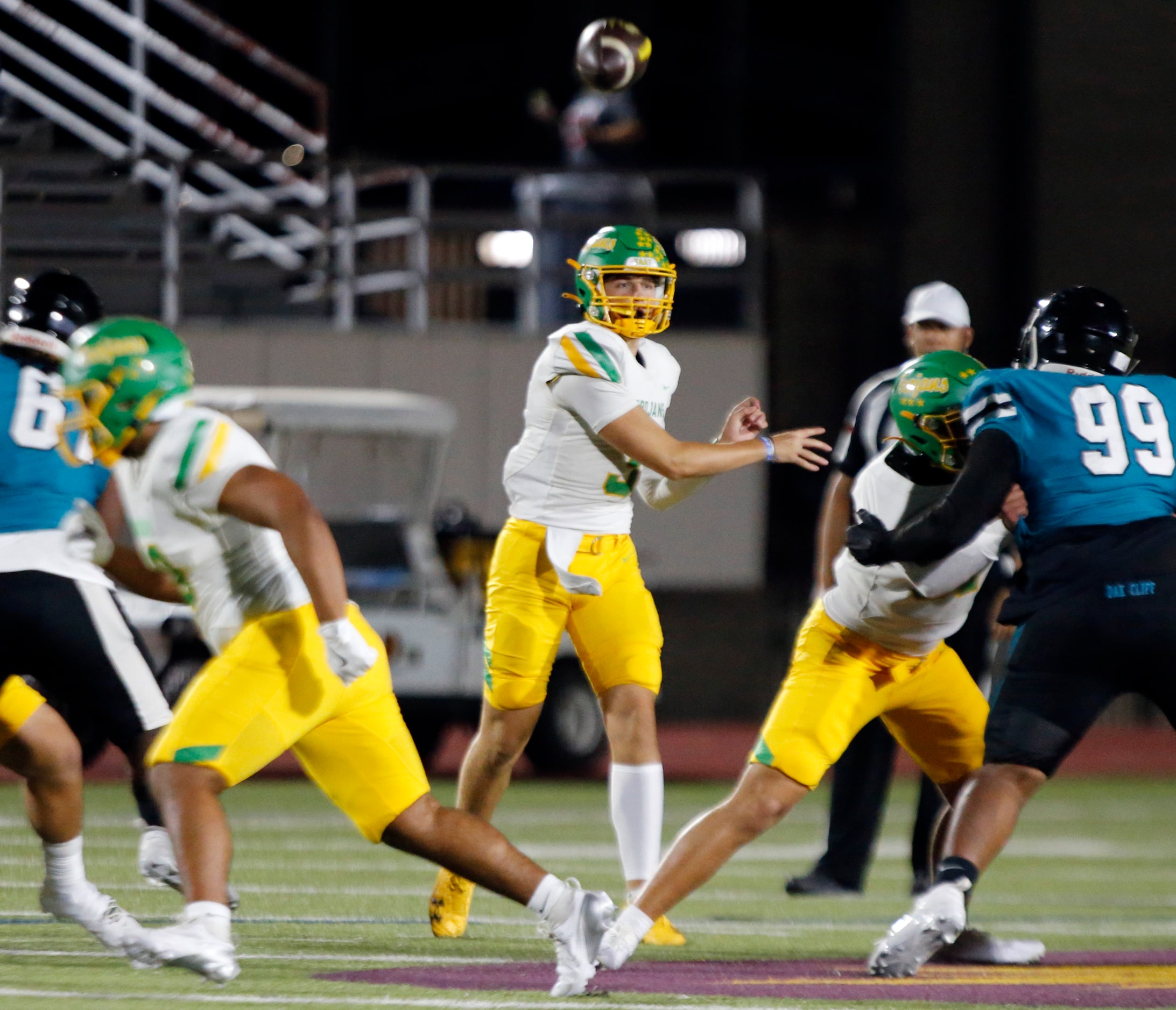 Carrollton Newman Smith High QB Axel Lofstrand (3) throws a pass during the first half of a...