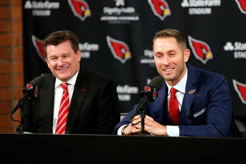 Arizona Cardinals new NFL football head coach Kliff Kingsbury, right, and team owner Michael...