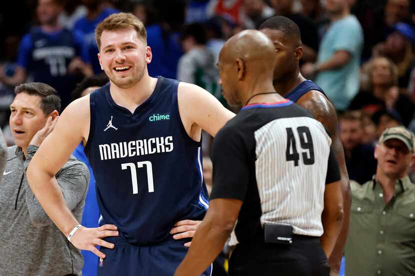Dallas Mavericks guard Luka Doncic (77) reacts after hearing he’d been hit with a technical...