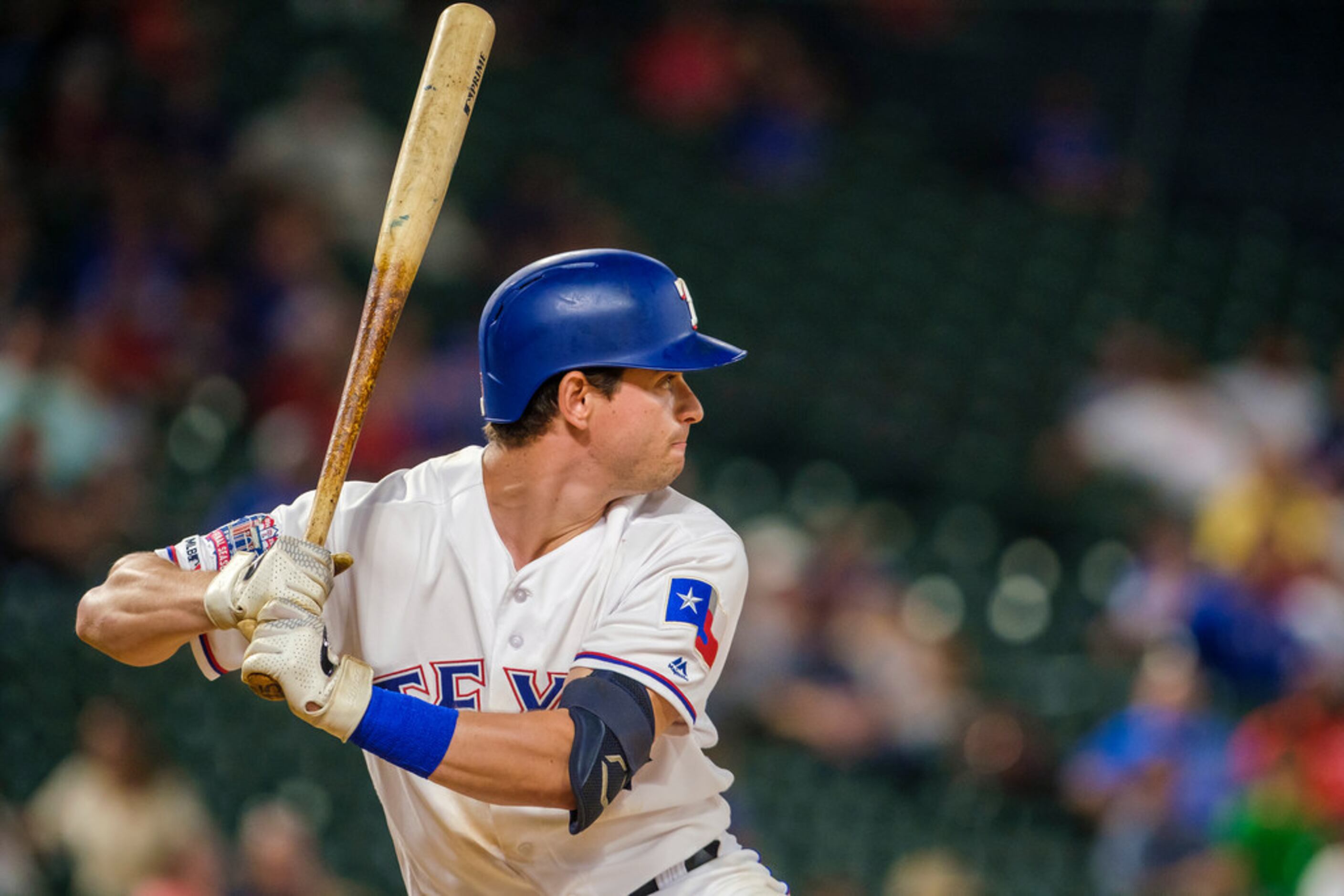 Texas Rangers infielder Nick Solak bats during the seventh inning against the Tampa Bay Rays...
