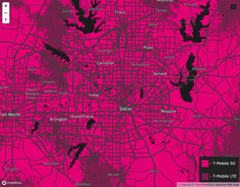 T-Mobile released this map Monday showing areas of Dallas-Fort Worth where wireless 5G will...