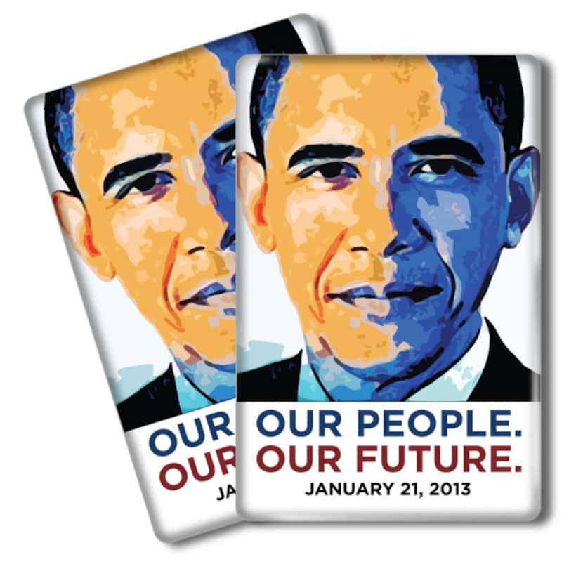 Buttons bearing the president's image sell for $5 each at the Official Inaugural Store.