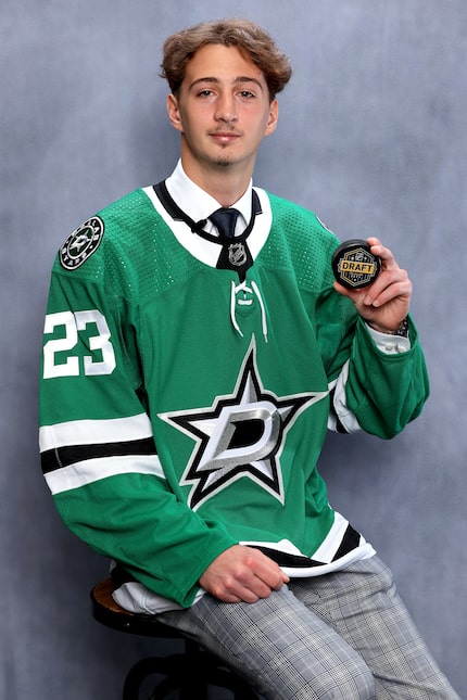 NASHVILLE, TENNESSEE - JUNE 29: Tristan Bertucci, 61st overall by the Dallas Stars, poses...