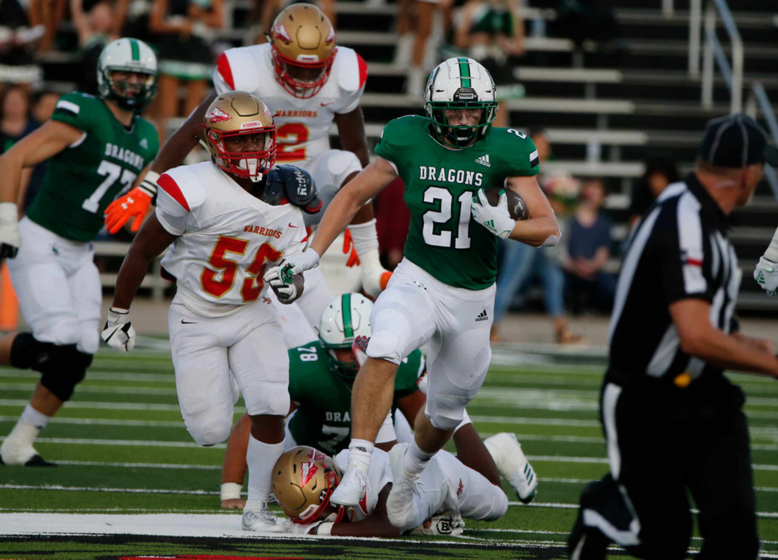 Southlake's Kannon Kadi (21) breaks away from South Grand Prairie defender Noah Williams...